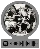 a black and white photo of a group of men with a spotify icon