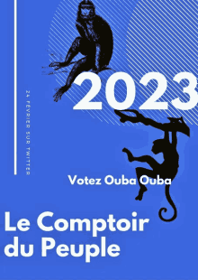 a blue poster with two monkeys and the year 2023