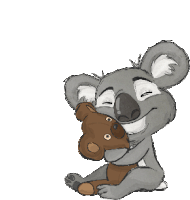 a cartoon drawing of a koala holding a brown teddy bear