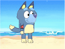 a cartoon dog is standing on a sandy beach near the ocean