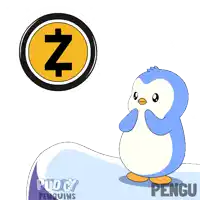 a penguin is standing in front of a coin that says ' penguins ' on it