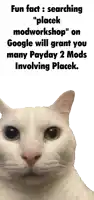 a picture of a cat with the words fun fact searching placek modworkshop on google will grant you many payday 2 mods involving placek below