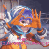 a girl in a space suit is making a heart shape with her hands and says hey you wanna overwatch
