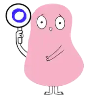 a pink cartoon character holding a magnifying glass with a blue circle in the middle