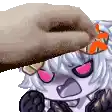 a pixel art of a person petting a cartoon character 's face .