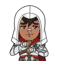 a cartoon of a man with a hood and a sword