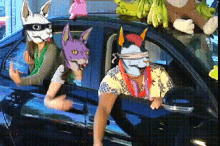 a group of people wearing animal masks are in a car with stuffed animals on the roof