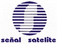 a logo for señal satellite with a blue and white striped circle .