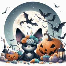 an illustration of a bat surrounded by pumpkins and cupcakes