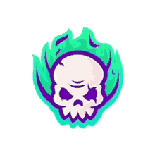 a skull with green flames surrounding it on a white background .