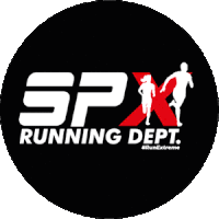 a logo for spx running dept with a man and woman running