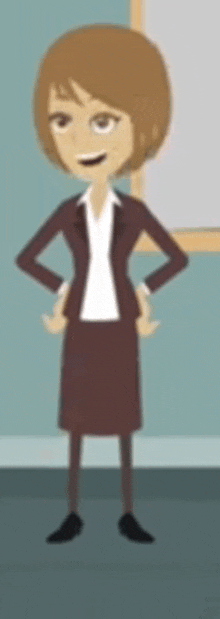 a cartoon woman is standing with her hands on her hips in front of a white board .