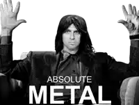 a black and white photo of a man with long hair and the words absolute metal on the bottom