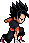 a pixel art of a boy in a black shirt and red pants running .