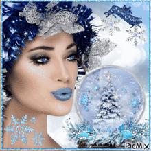 a woman with blue lips and a snow globe in front of her