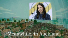 a cartoon of a woman giving a speech with the words meanwhile in auckland on the bottom