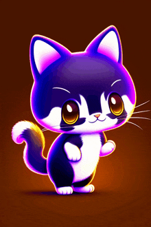 a black and white cat with a purple glowing head