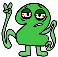 a green cartoon character with a bloody eye is giving the peace sign