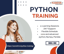 an advertisement for python training shows a woman with glasses