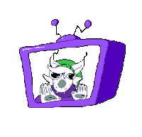 a pixel art drawing of a cartoon character in a purple tv