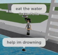 a girl is standing next to a body of water in a video game and says `` eat the water , help im drowning '' .