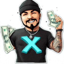 a man wearing a black shirt with a blue x on it holds a bunch of money