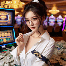 a woman wearing glasses and a white shirt that says casino on it