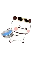 a cartoon panda wearing sunglasses and holding a bowl of water .