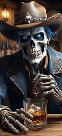 a skeleton wearing a cowboy hat is holding a glass of whiskey .