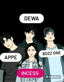 a group of people standing next to each other with dewa appe bozz one and incess written on the bottom