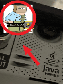 a cartoon of a man with a paper bag on his head next to a button that says " java powered "