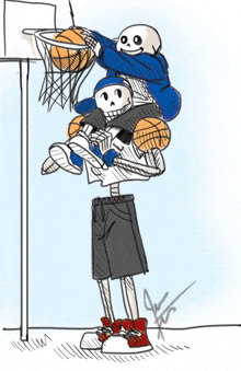 a drawing of a skeleton carrying another skeleton into a basketball basket