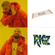 a man in an orange jacket is pointing at a rug that says rigz