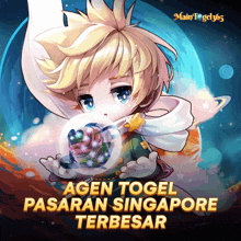 a poster for agen togel pasaran singapore terbesar shows a boy holding a globe