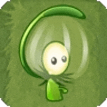 a cartoon character with a green leaf on its head is standing on a green surface .