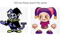 a picture of a pixel art character and a picture of a cartoon character with the words tell me these aren 't the same