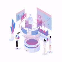 an isometric illustration of a group of people looking at a computer screen