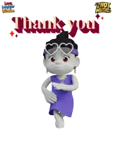 a cartoon character wearing sunglasses and a purple dress with the words thank you behind her