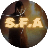 a s.f.a logo with a person standing in the background