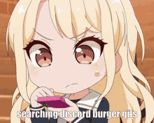 a cartoon girl is holding a cell phone with the words searching discord burger gifs below her