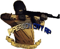 a logo for imperson city rp shows a man with a gun