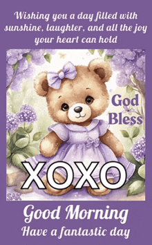 a teddy bear in a purple dress is on a good morning message