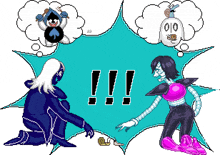 a pixel art drawing of a man and a woman with a speech bubble that says !!!