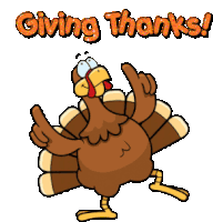 a cartoon turkey giving a thumbs up with the words " giving thanks " below it