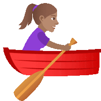 a woman is rowing a red boat with a wooden paddle