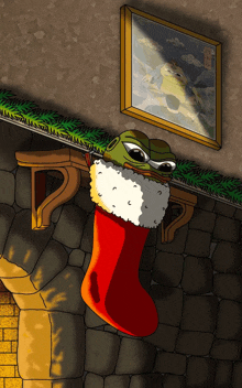 a cartoon of a frog holding a christmas stocking in front of a painting