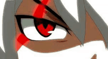 a close up of a person 's eye with a red pupil and a white background .