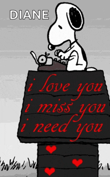 a cartoon of snoopy holding a sign that says i love you i miss you and i need you