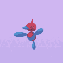 a red and blue pokemon with a yellow eye is flying on a purple background