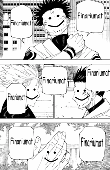 a black and white drawing of two men with smiley faces on their faces and speech bubbles .